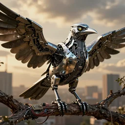 robot technological bird with chrome beak, metal wings, perched on a tree branch, golden hour, intense clouds, city background, complex electronics circuit board and wires, iridescent, grunge and dirt, glowing eye, sharp details, subdued color, octane render, designed by apple and tesla and giger, imax