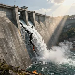 a huge hydroelectric dam with a crack across its face spilling water. smoke and flames. cgartist. leading lines. volumetric lighting. god rays. edward hopper. digital matte painting. akeystu. # c 4 d