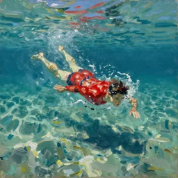 looking down through rough clear sea waves at a swimmer in a red costume swimming under waterpainted in the style of the old masters, painterly, thick heavy impasto, expressive impressionist style, painted with a palette knife