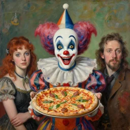 portrait of a pulcinella like creature holding a pizza up to the camera, intricate painting by ross tran, magali villeneuve, and jeremy mann.