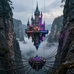 tron in the mountain with neon light futuristic hyper realistic cinematic view of floating castle hanging by chains in the air, in between a gorge, below only cloud dark void, structured by chains and cables on base, 8 k resolution