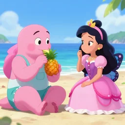 pinkalocious on the beach, eating a pink pineapple, while talking to fancy nancy, who is wearing a butterfly princess dress, detailed, realistic, digital art, hq
