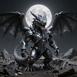 snarling anthropomorphic dragon with glowing eyes and mouth standing in a crater, glowing eyes, glowing mouth, charcoal and silver color scheme, rubber suit, full body single character, moonlit night, good value control, high contrast, biomechanical elements, sci-fi, concept art