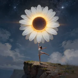 giant white daisy flower on head, girl dancing on cliff, surreal photography, solar eclipse, milky way, dramatic light, impressionist painting, clouds, digital painting, artstation, james gilleard, liam wong, jeremy mann, simon stalenhag