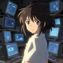 glitch ghost in the shell lain portrait by makoto shinkai, chaotic computers concept art by syd mead