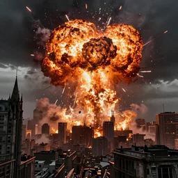 a meteor crashing on a gothic cyberpunk city, giant explosion, fire, trail of smoke, high quality, detailed, 8k, science fiction