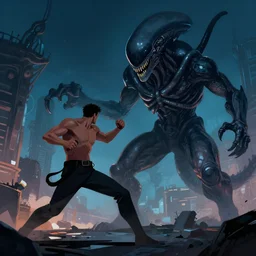 fight scene between the human and giant monster, the man battling alien at night, digital art style, illustration painting