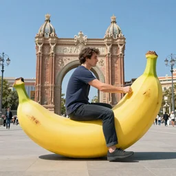 Manuel Valls riding a giant banana over barcelona