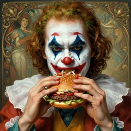 portrait of chevy chase in clown makeup eating hamburgers, extra onions and ketchup, luscious patty with sesame seeds, ethereal, handsome, d & d, fantasy, intricate, elegant, highly detailed, digital painting, artstation, concept art, matte, sharp focus, illustration, art by artgerm and greg rutkowski and alphonse mucha
