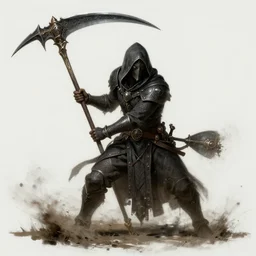 reaped wielding a scythe, full body shot, hood, d & d, dark fantasy, intricate, highly detailed, digital painting, artstation, concept art, matte, sharp focus, illustration, hearthstone, art by artgerm and greg rutkowski and alphonse mucha