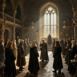 lord of the rings by bridget bate tichenor, by hans baluschek stunning. a beautiful drawing of a large room with many people in it. there is a lot of activity going on, with people talking & moving around. the room is ornately decorated & there is a large window at one end.