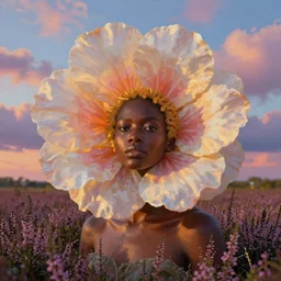 closeup, gigantic flower as head, african woman in heather field, surreal photography, golden hour, colorful clouds, impressionist painting, digital painting, artstation, simon stalenhag