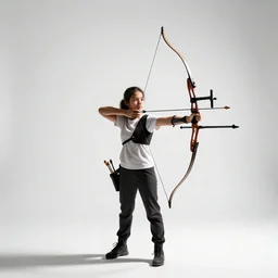 petite archer drawing bow, studio photography, full body, standing, isolated on a pure white background, centered, whole figure in frame, sharp focus, studio lighting