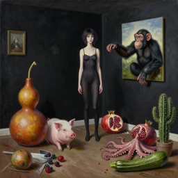 realistic painting of a trashed female artist's apartment, black dripping walls, tall emo catgirl, gourd sculpture, a pig, a chimpanzee reaching out from inside a painting on black walls, pomegranate, cactus, octopus, a courgette, 1 6 mm, berries, zen, sensual, surrealist painting by magritte and rousseau and monet