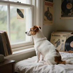 photography of a Jack Russel . watching outside the window. on a bed. in a vintage room full of vinyls and posters.,volumetric light, photorealistic,, award winning photo, 100mm, sharp, high res