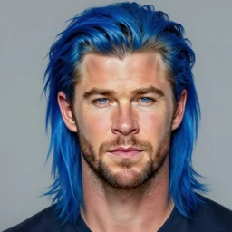 a portrait of blue - haired chris hemsworth long hair, clean - shaven vivid colors, photorealistic painting by mandy jurgens, trending on artstation, photorealism, detailed painting, behance hd, hyper realism