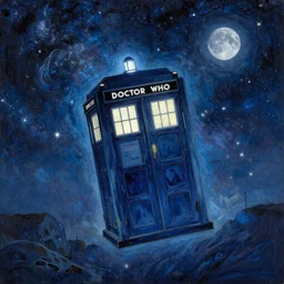 A beautiful painting of TARDIS  from Doctor Who flying in night in milky way with one moon and star light by Ivan Konstantinovich Aivazovsky, blue color scheme