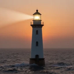 a beautiful 3 d render of a singular hard surface lighthouse, shining its light across a tumultuous sea, sunset, orange glow, by greg rutkowski and thomas kinkade, cryengine, foggy,