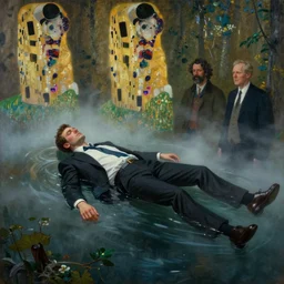 detailed and oil painting, hyper realistic | cinematic lighting, award - winning | an unconscious businessman floating in the misty forest | by austin osman spare, by gustav klimt, by william waterhouse and tom bagshaw | trending on artstation, cgsociety, official art, octane.