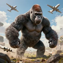 giant gorilla destroying airplanes in a movie scene, ultra realistic unreal engine deviantart