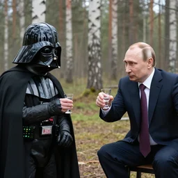 darth vader meeting with vladimir putin in birch forest, drinking vodka