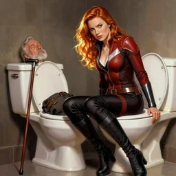 comic book style art of an older man with a cane falls in a toilet as Kate Bishop Hawkeye