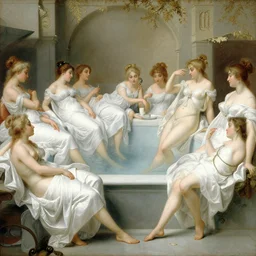 rococo painting of a roman bath full of women dressed in white, panoramic view, detailed, by greg rutkowski