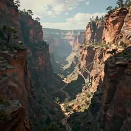 canyon in between mountains, unreal engine, high detail, realism, award winning, detailed lighting