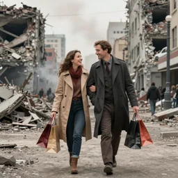 modern city destroyed by war in ruins with rich couple walking around with shopping bags laughing, color photograph