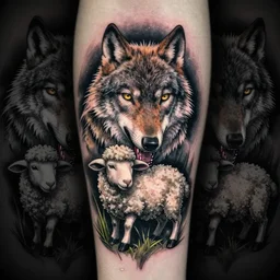 wolf biting a cute sheep, color tatoo by marcin alexander, madame chan, mariusz trubisz, ink, glow, symmetrical, high contrast, elegant, 8 k, dark
