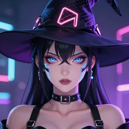 cyberwitch super femme fatale anime girl wearing neon mesh witch hat. cyber cube symmetrical face. symmetrical detailed defined eyes. beautiful lineart. bokeh pixiv # 1 ranking depth focus, chromatic aberration, noise, soft lighting, srgb, 4 k, cinematic rembrant kuvshinov ross tran craig mullins leyendecker wlop guweiz