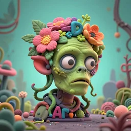 headshot of a trickster nature zombie, head made of fruit and flowers in the style of arcimboldo, fragonard, covered with tendrils and 3 d blocks of text, digital illustration, dynamic lighting, action figure, clay sculpture, claymation, turquoise pink and green, botanical rainbow backdrop