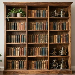 built in bookshelf full of old books, plants and steampunk items, high resolution