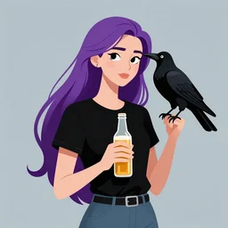 thin white girl with long purple hair wearing a black t - shirt and holding a beer, standing next to a crow. full color digital illustration in the style of don bluth, artgerm, artstation trending, 4 k