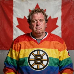 hyper realistic portrait of morbidly obese don cherry, studio photo sad old scruffy sweating don cherry degenerate, comical rainbow suit, hockey night on cbc, huge dirty canada flag in background, bruins jersey logo, portrait dnd, painting by gaston bussiere, craig mullins, greg rutkowski, yoji shinkawa