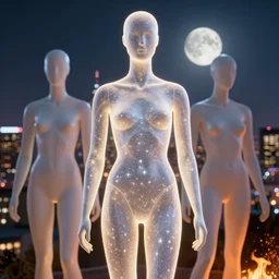 3 d render of a beautiful mannequin made of starlight, city of los angeles on fire in the background, moon in background, transcendent, 4 k, trending on artstation, award winning, photorealistic, clean line - work, dramatic, finely detailed, volumetric lighting, octane render