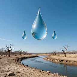 beautiful panorama of many magnificent big upside-down raindrops in a perfect cloudless blue sky above a dried up river surrounded by desolate land and dead trees, blue sky, hot and sunny highly-detailed, elegant, dramatic lighting, artstation, 4k, cinematic landscape, masterpiece photograph by Elisabeth Gadd