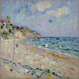 palette knife painted three - dimensional thick impasto oil painting of a beautiful italian beach scene, seen through complex stringy netting, lots of thick encrusted paint, vast amounts of wax - like lines of dripping oil paint cover nearly everything, painted by monet signac and frank auerbach, background thick encrusted paint