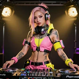 cyberpunk photorealistic character, tech wear outfit, wearables, dj, deejay, attractive female, pink and yellow, edgy, tattooed, awe inspiring, artstation hd, 8 k, detailed, intricate, ornate, studio lights, golden ratio, masterpiece