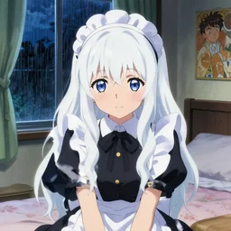 a girl in a maid's outfit in the bedroom a night, raining outside the window, wavy white long hair, by krenz cushart and mucha and akihito yoshida and greg rutkowski and makoto shinkai and rei _ 1 7, detailed eyes, 4 k resolution