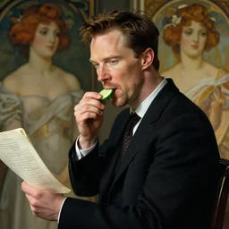 benedict cumberbatch eating cucumber, character sheet, character design, contrast, deep focus, turnaround, highly detailed, dramatic lighting, digital painting, artstation, concept art, matte, sharp focus, illustration, elegant, art by artgerm and greg f and alphonse mucha.