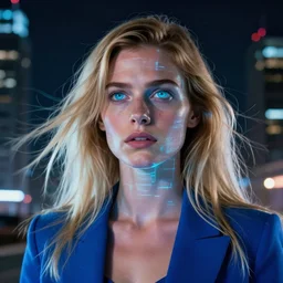 8 k hyper realistic close range night shot of blade runner 2 0 4 7 with adriana chechik with natural hair as a hologram from digital signage, transparent skin with imperfections, very small lips, blue suit. long blonde hair flowing in the wind. urban landscape in the background. lenses 5 0 mm