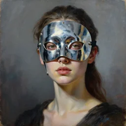 portrait of a woman wearing a futuristic chrome mask, by jacques - louis david, by greg rutkowski, by zdzisław beksinski, by josep tapiro baro, trending on artstation, featured on pixiv, masterpiece, oil on canvas, cinematic composition, dynamic beautiful lighting,