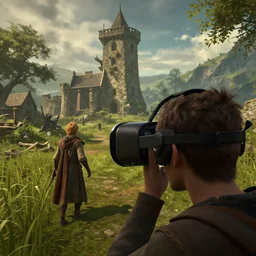 VR gameplay screenshot of someone within J.R.R. Tolkien's Middle-Earth. Beautiful. Trending on Artstation. Lighting, colors, and shading by James Gurney.