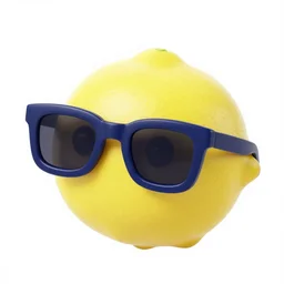 lemon wearing dark blue sunglasses, 3d isometric render, light colors, white background
