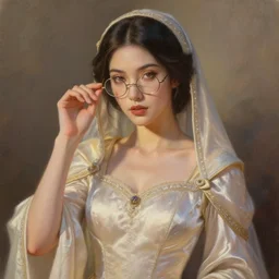 detailed painting of mei from overwatch as an elegant medieval noblewoman, jeff easley and dan mumford beautiful soft silky dress, intricate, soft lighting, hyper realistic, mood light, golden hour, glasses |