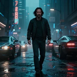 Keanu Reeves walking on a cyberpunk street, dark glowing lights, fog, post-processing, graffiti, future cars