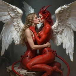 ultra realistic, beautiful winged angel kissing gorgeous red devil, sci-fi, fantasy, mythical, intricate, elegant, highly detailed, digital painting, octane render, substance painter, zbrush, artstation, concept art, smooth, sharp focus, eerie, illustration, 8k, HD, art by artgerm and greg rutkowski and raphael