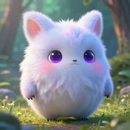 ultra - realistic ultra - detailed adorable cute fluffy bioluminescent creature in the style of ghibli kazuo oga, pastel fur, big ears, big purple eyes, forest landscape, dof, soft lighting, unreal engine, octane render