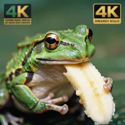 A closeup film photography of a frog eating banana, photo by Louise Dahl-Wolfe, award winning, 4K